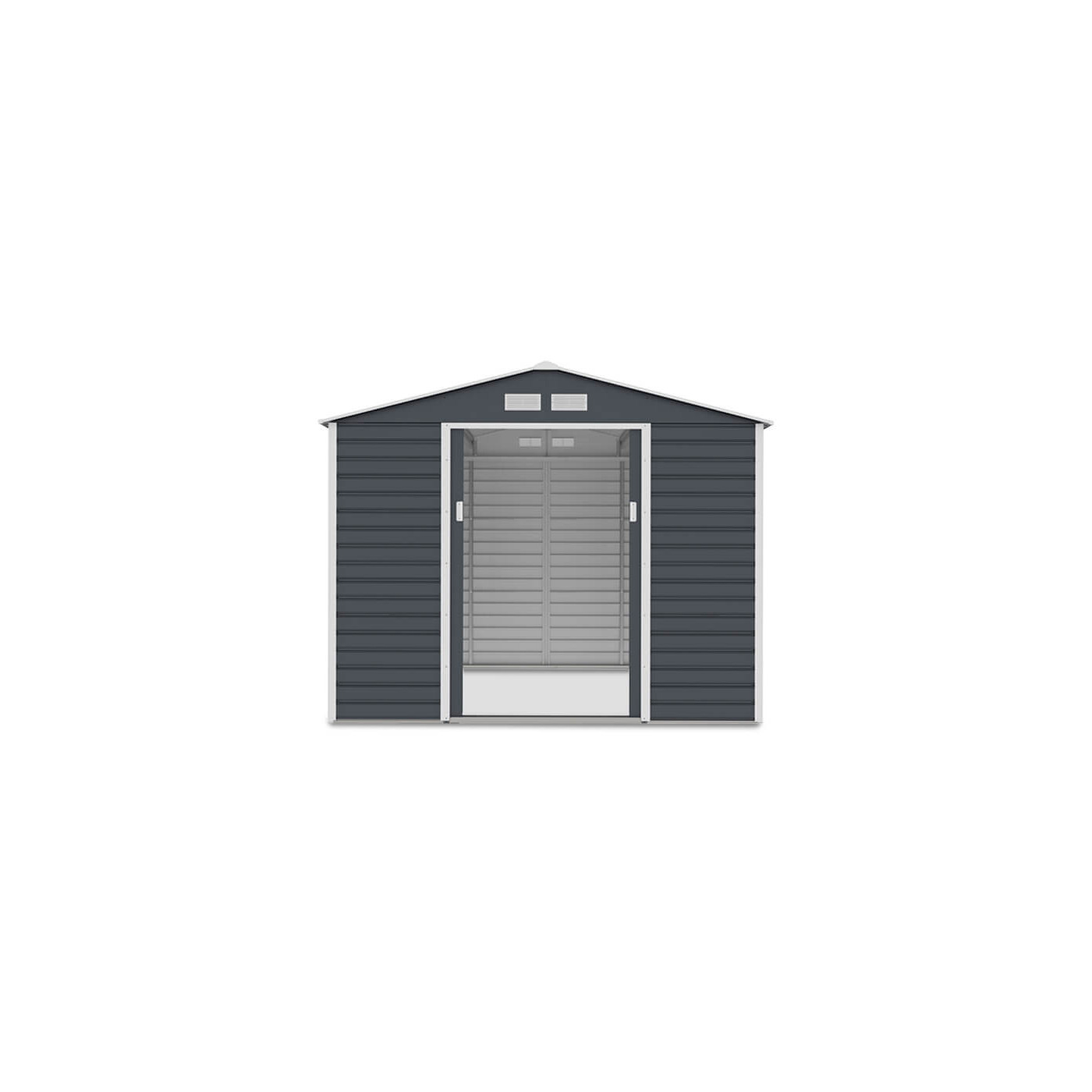 Widok na przód i wnętrze domku narzędziowego MONTREAL 277x259cm Cold Grey