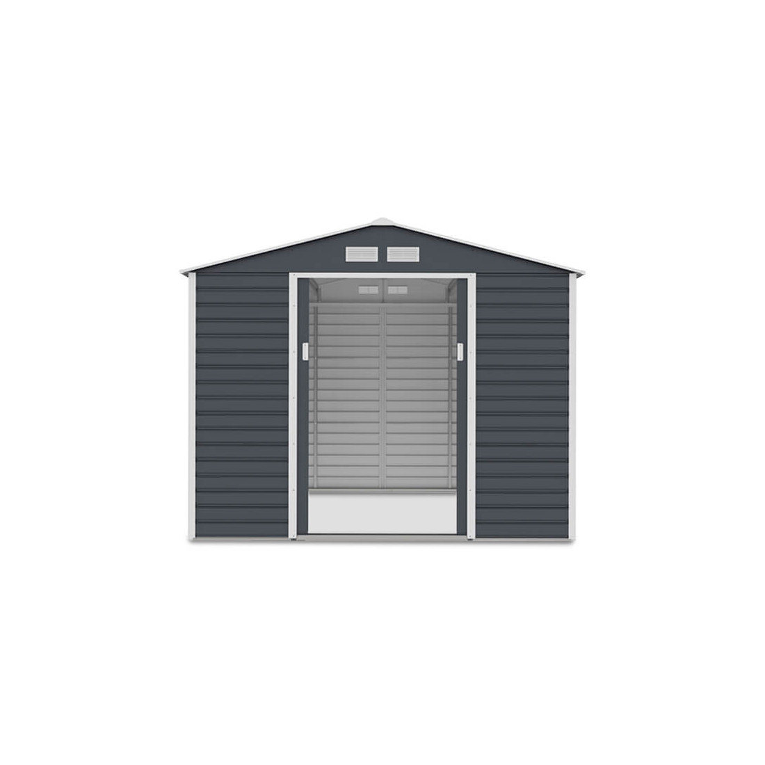 Widok na przód i wnętrze domku narzędziowego MONTREAL 277x259cm Cold Grey