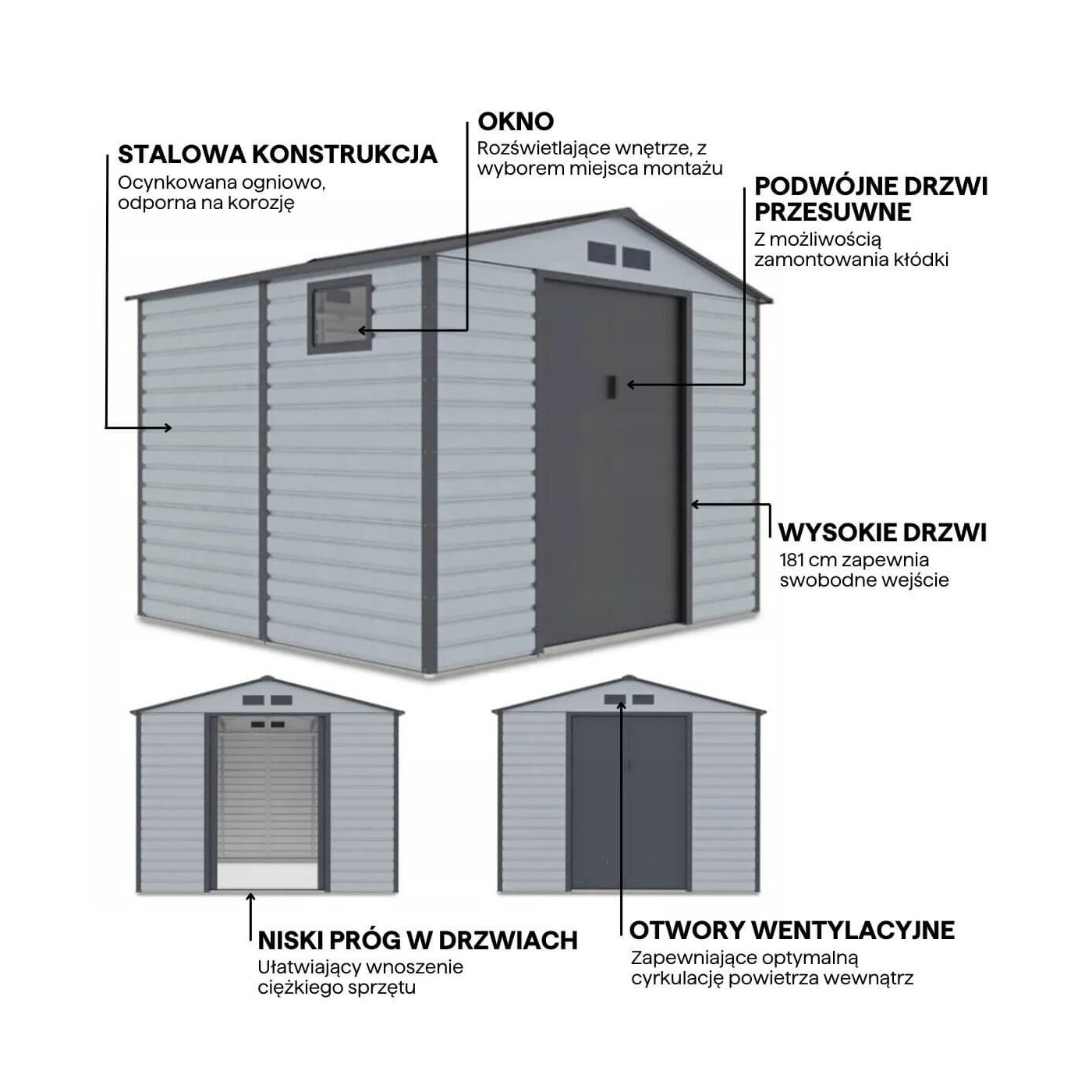 Grafika z detalami i cechami domku narzędziowego MONTREAL 277x259cm