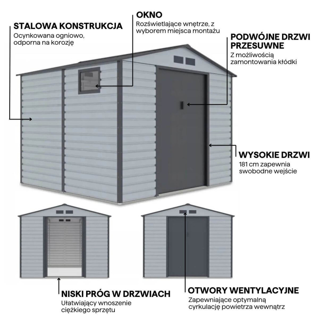 Grafika z detalami i cechami domku narzędziowego MONTREAL 277x259cm