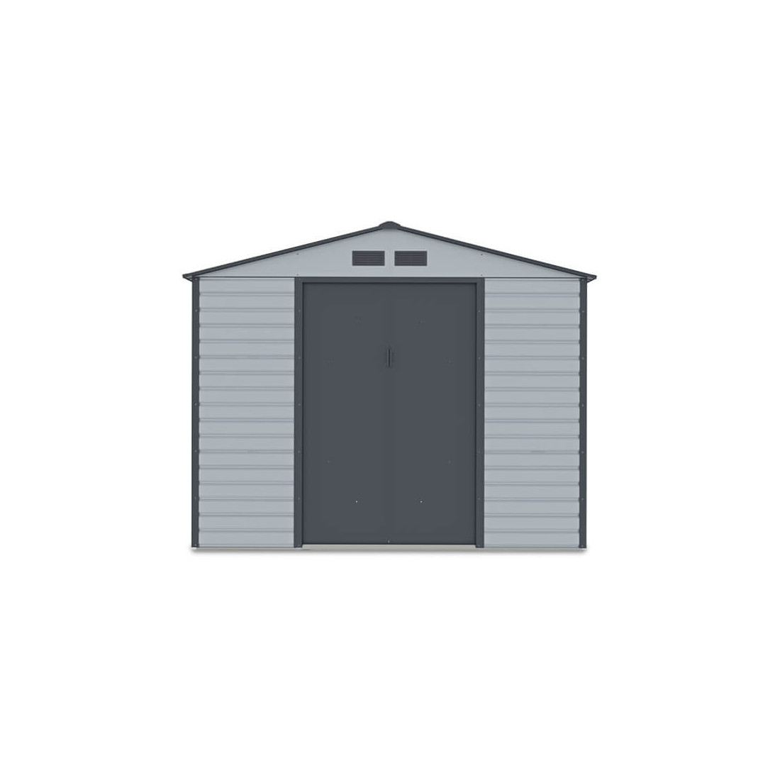 Widok na przednią ścianę i podwójne drzwi domku narzędziowego Montreal 