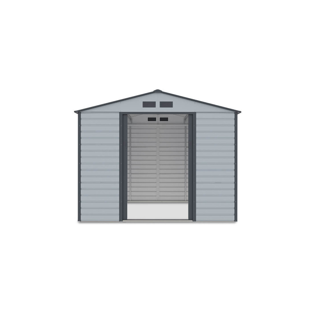 Widok na przód i wnętrze domku narzędziowego MONTREAL 277x259cm