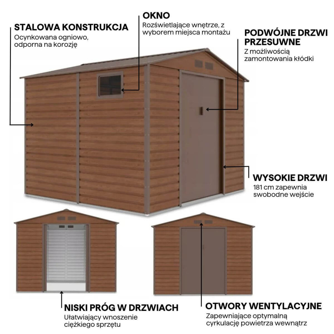 Grafika z detalami i cechami domku narzędziowego MONTREAL 277x259cm Walnut 