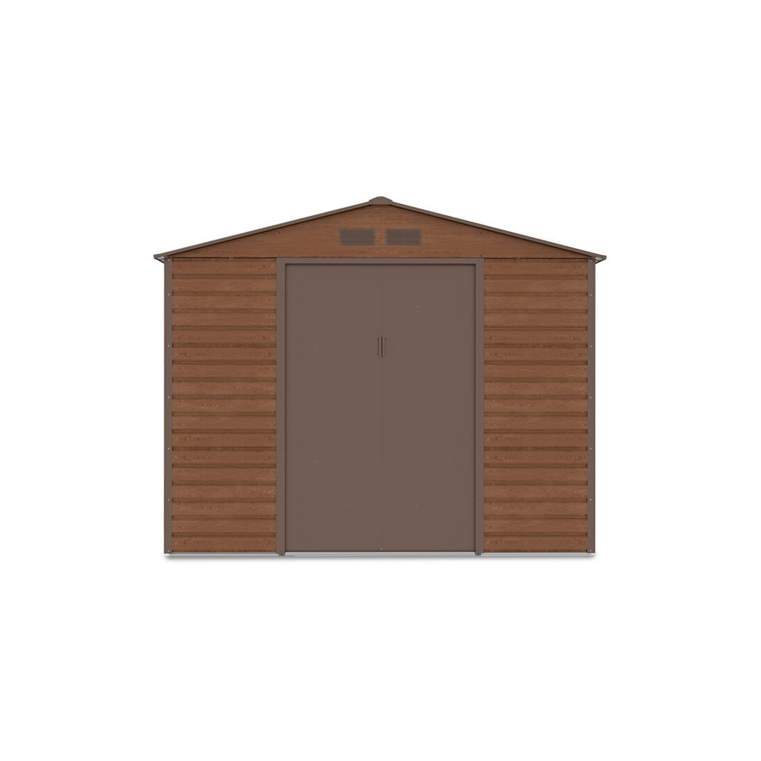  Widok na przednią ścianę i podwójne drzwi domku narzędziowego MONTREAL 277x259cm Walnut