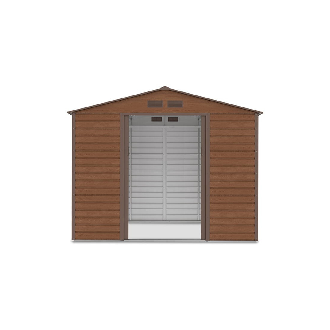 Widok na przód i wnętrze domku narzędziowego MONTREAL 277x259cm