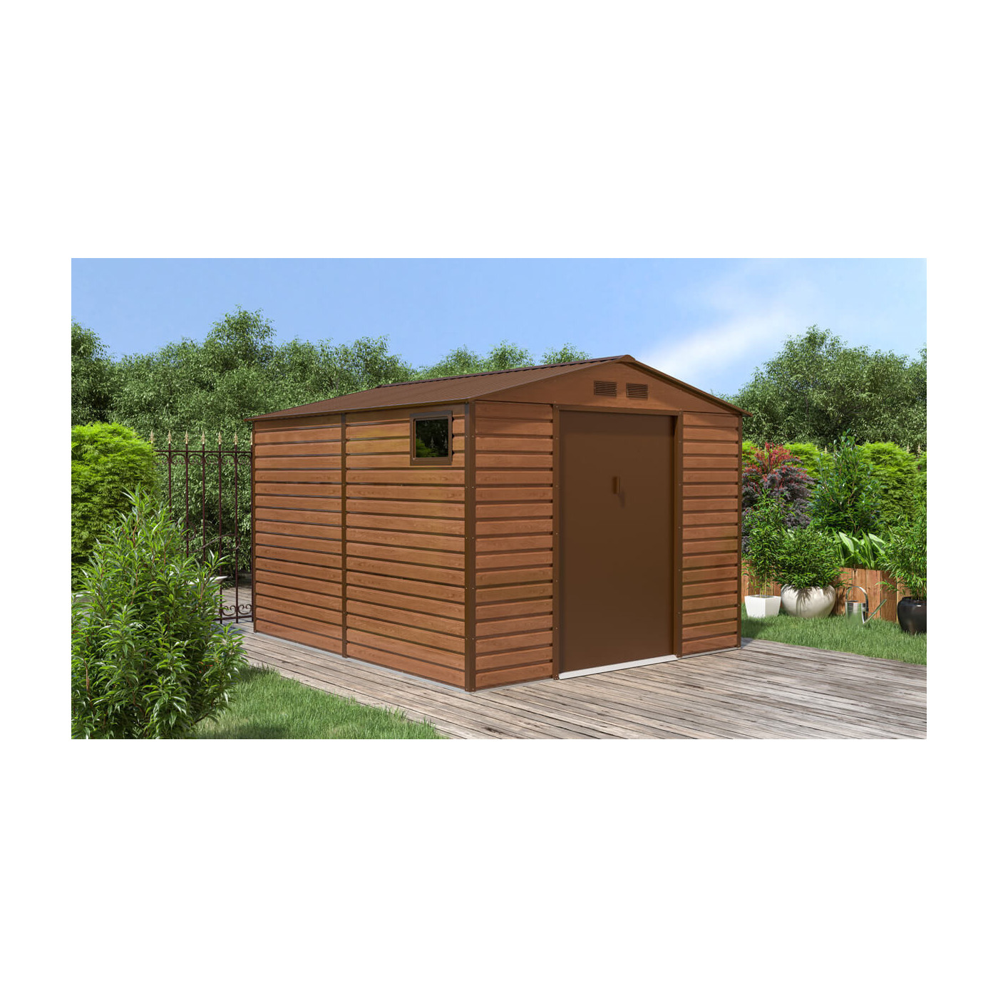 Aranżacja domku narzędziowego Montreal w ogrodzie, na szarym podłożu 