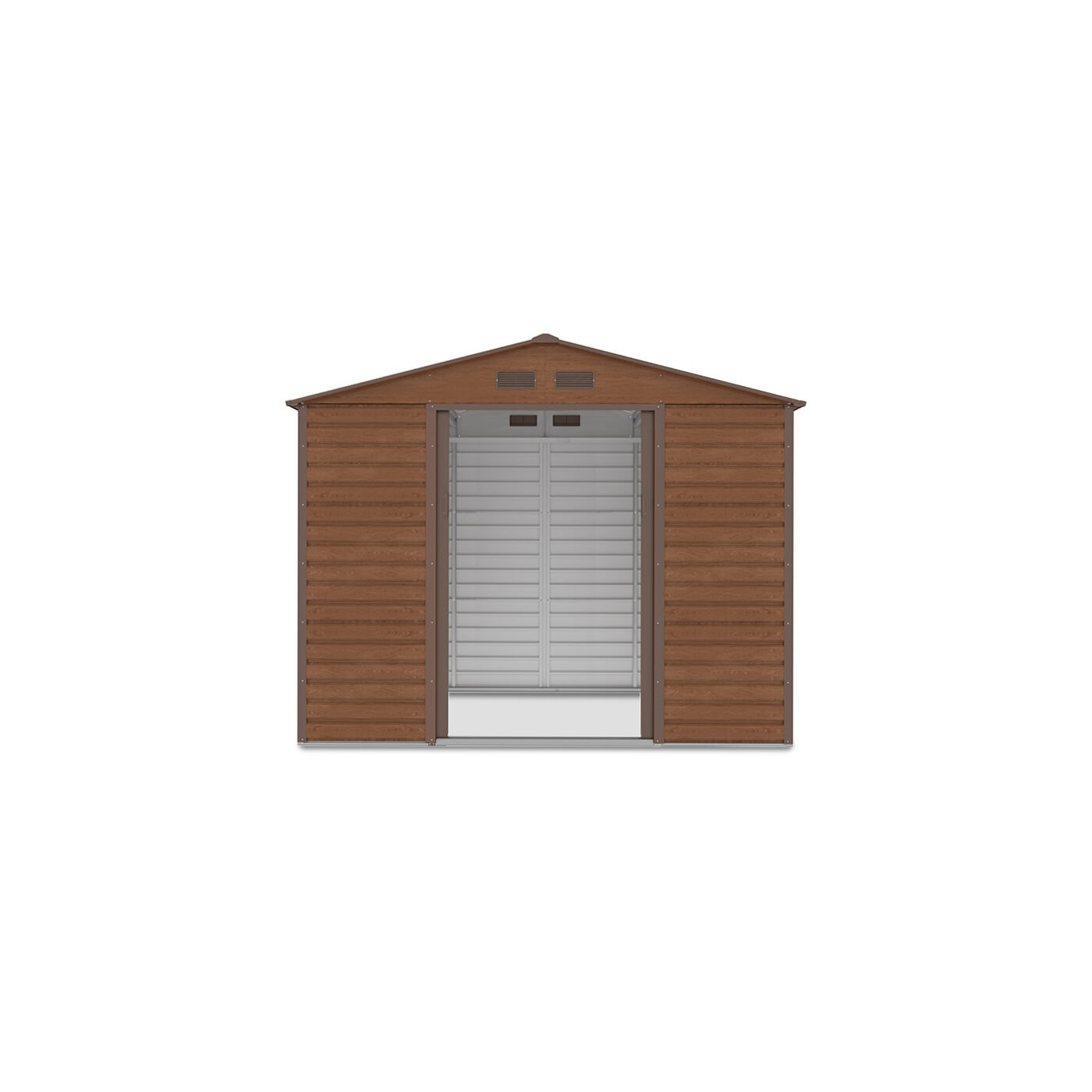 Widok na przód i wnętrze domku narzędziowego Montreal 277x319cm 