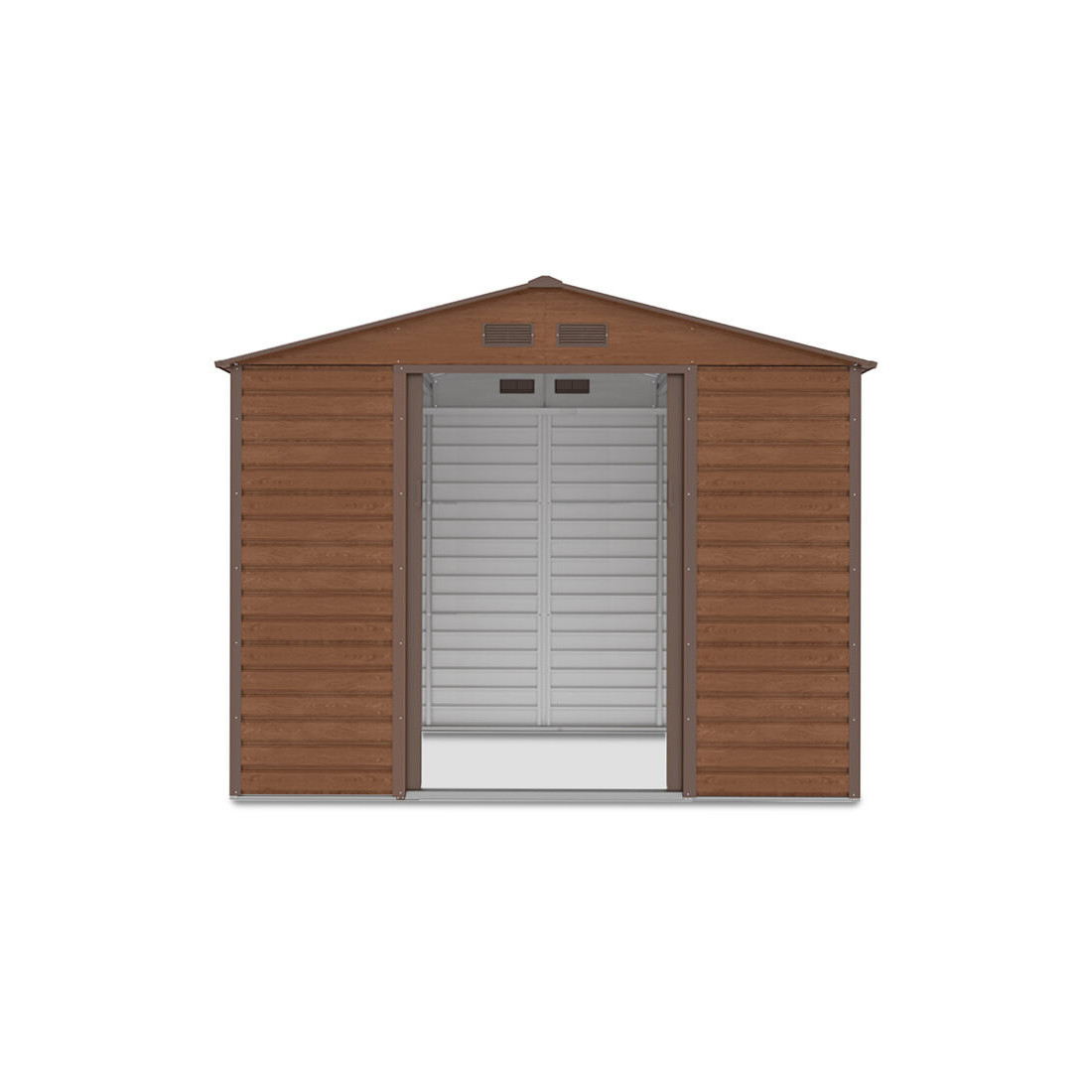 Widok na przód i wnętrze domku narzędziowego Montreal 277x319cm 