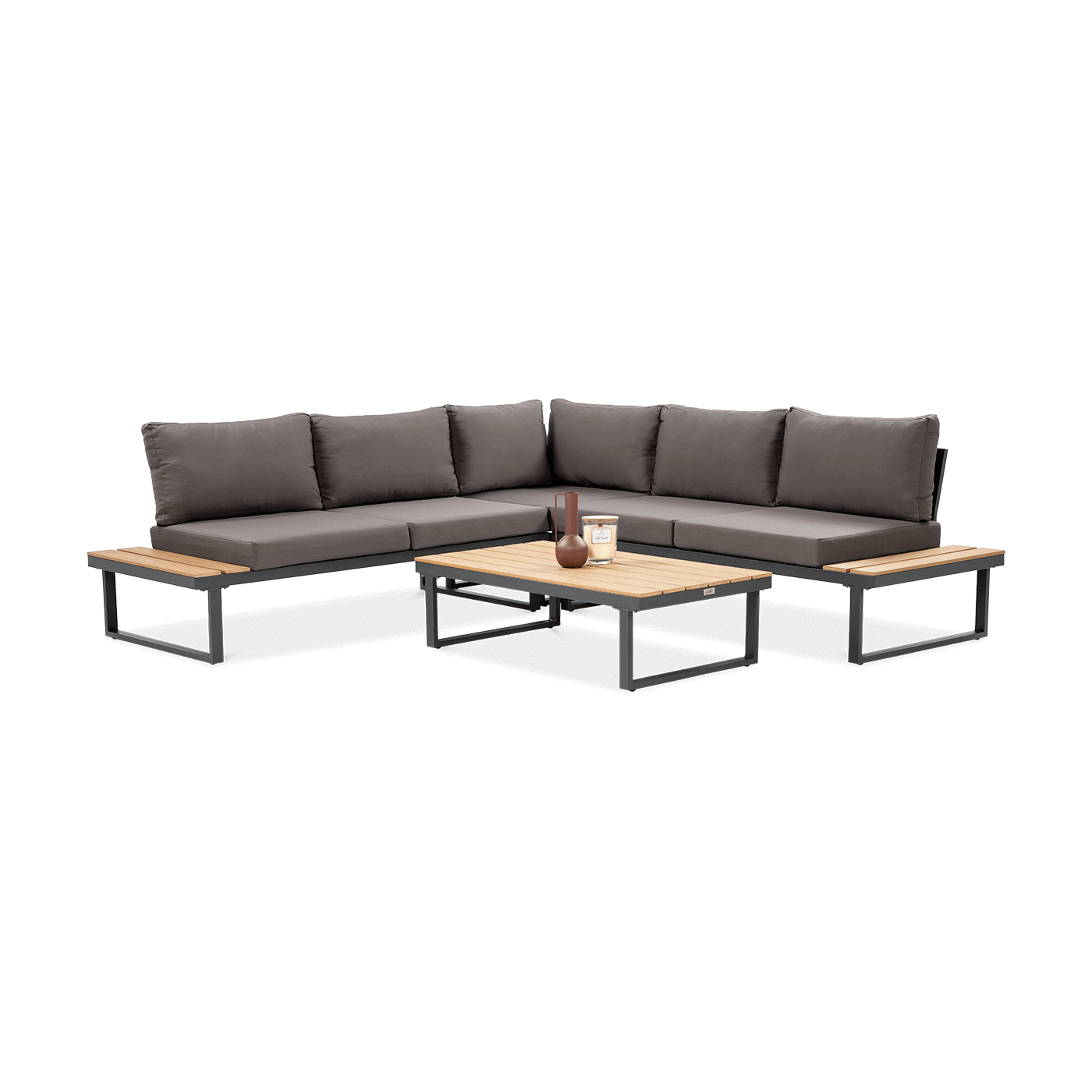 Widok z boku na narożnik i stół z zestawu EMERSON