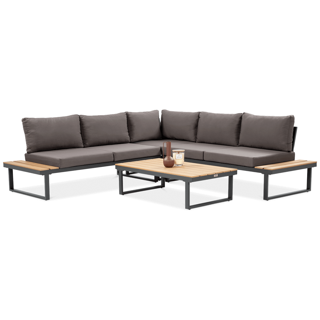 Widok z boku na narożnik i stół z zestawu EMERSON