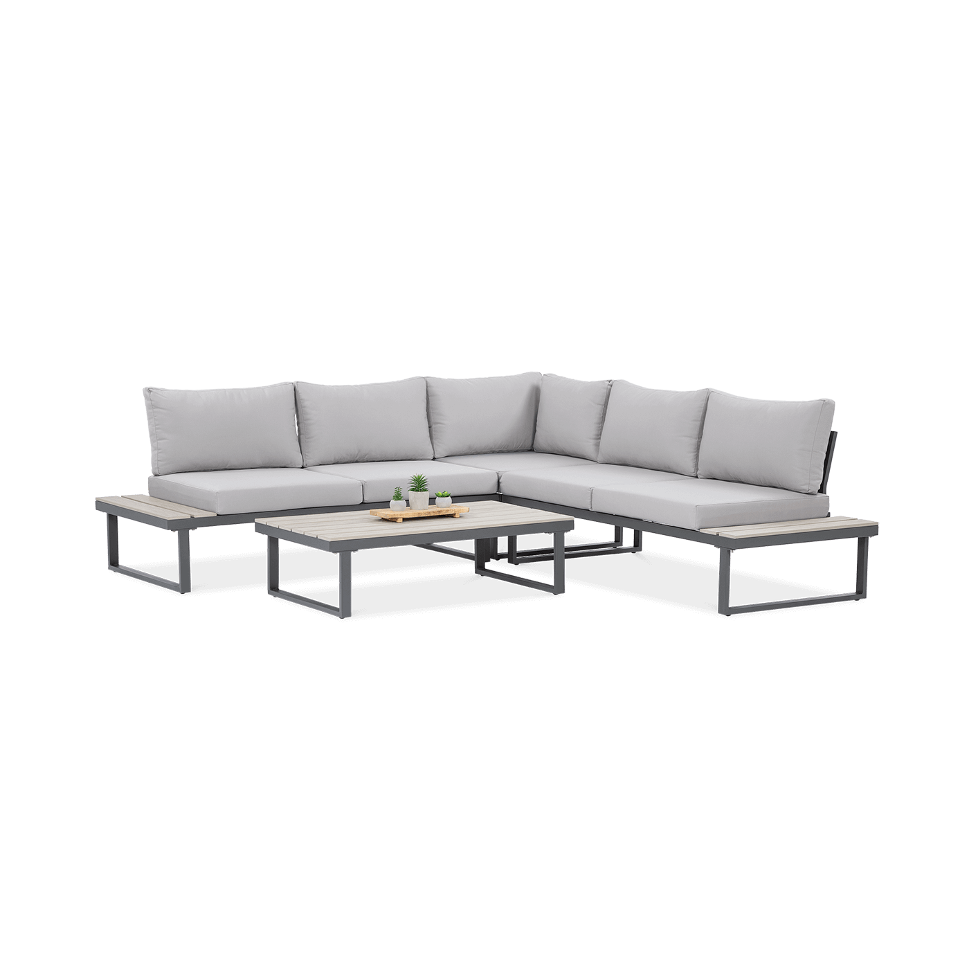 Jasno-szary narożnik ogrodowy ze stolikiem