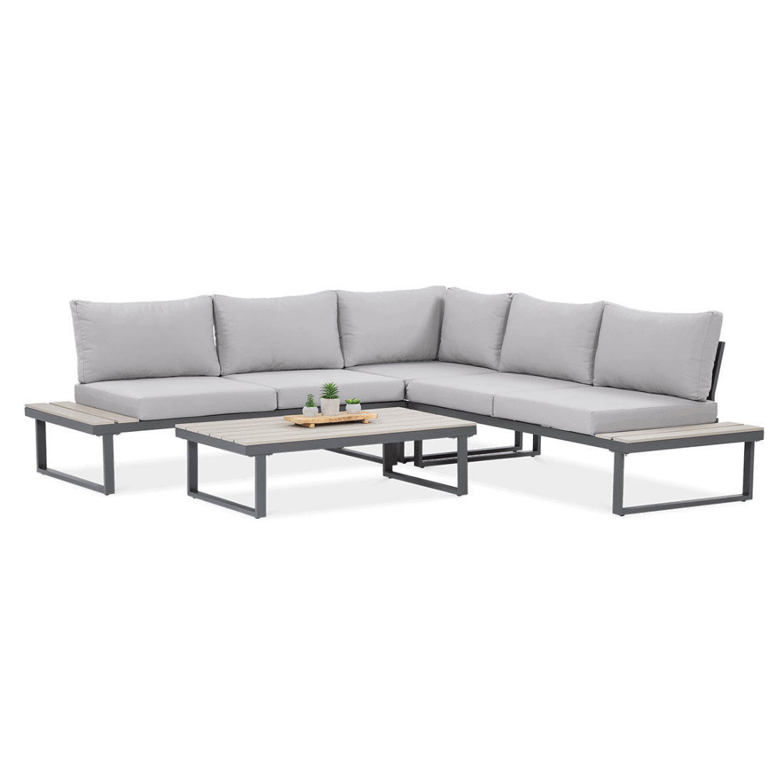 Jasno-szary narożnik ogrodowy ze stolikiem