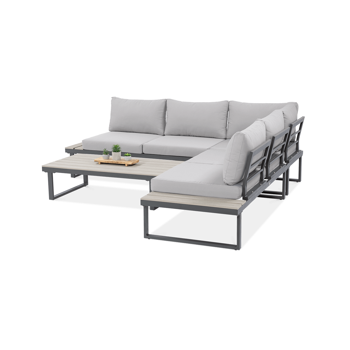 Widok z boku na narożnik i stół z zestawu EMERSON