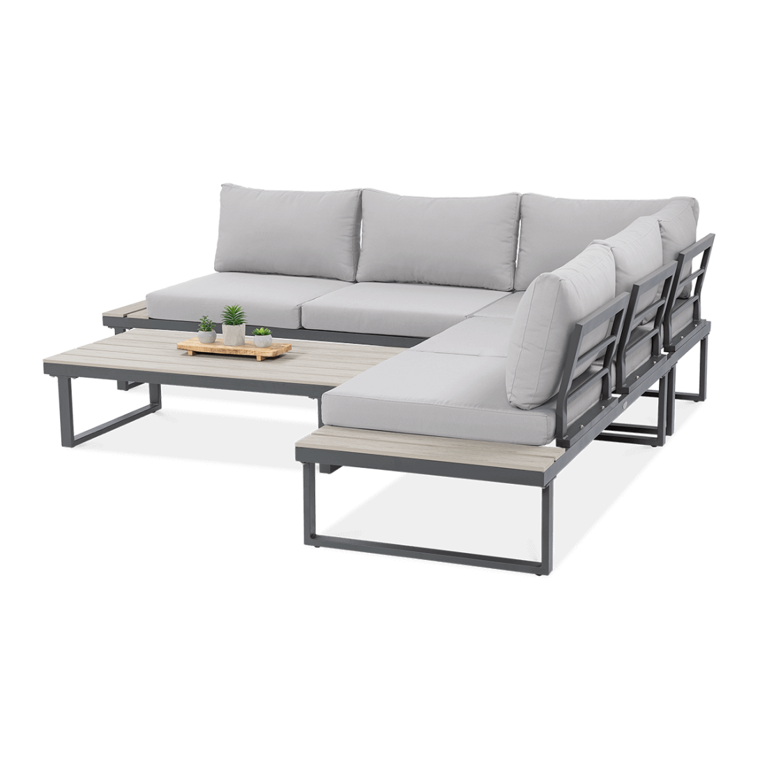 Widok z boku na narożnik i stół z zestawu EMERSON