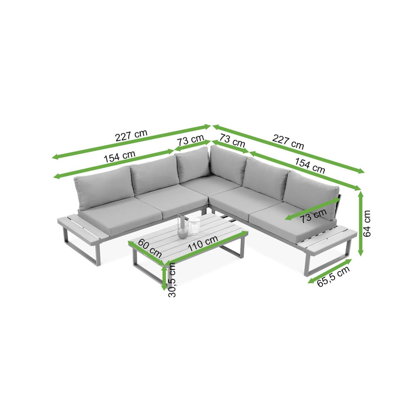 Wymiary narożnika i stolika wchodzącego w skład zestawu EMERSON Light Grey