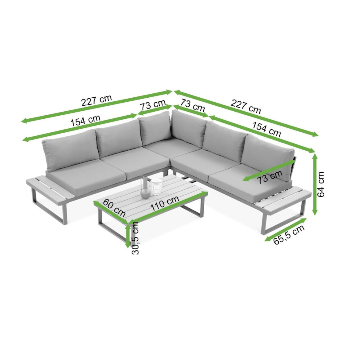 Wymiary narożnika i stolika wchodzącego w skład zestawu EMERSON Light Grey