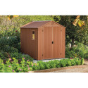 Wizualizacja brązowego domku narzędziowego DARWIN 6x8 - Keter w ogrodzie