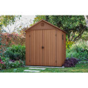 Aranżacja domku ogrodowego DARWIN 6x8 Brown wykonanego z tworzywa sztucznego
