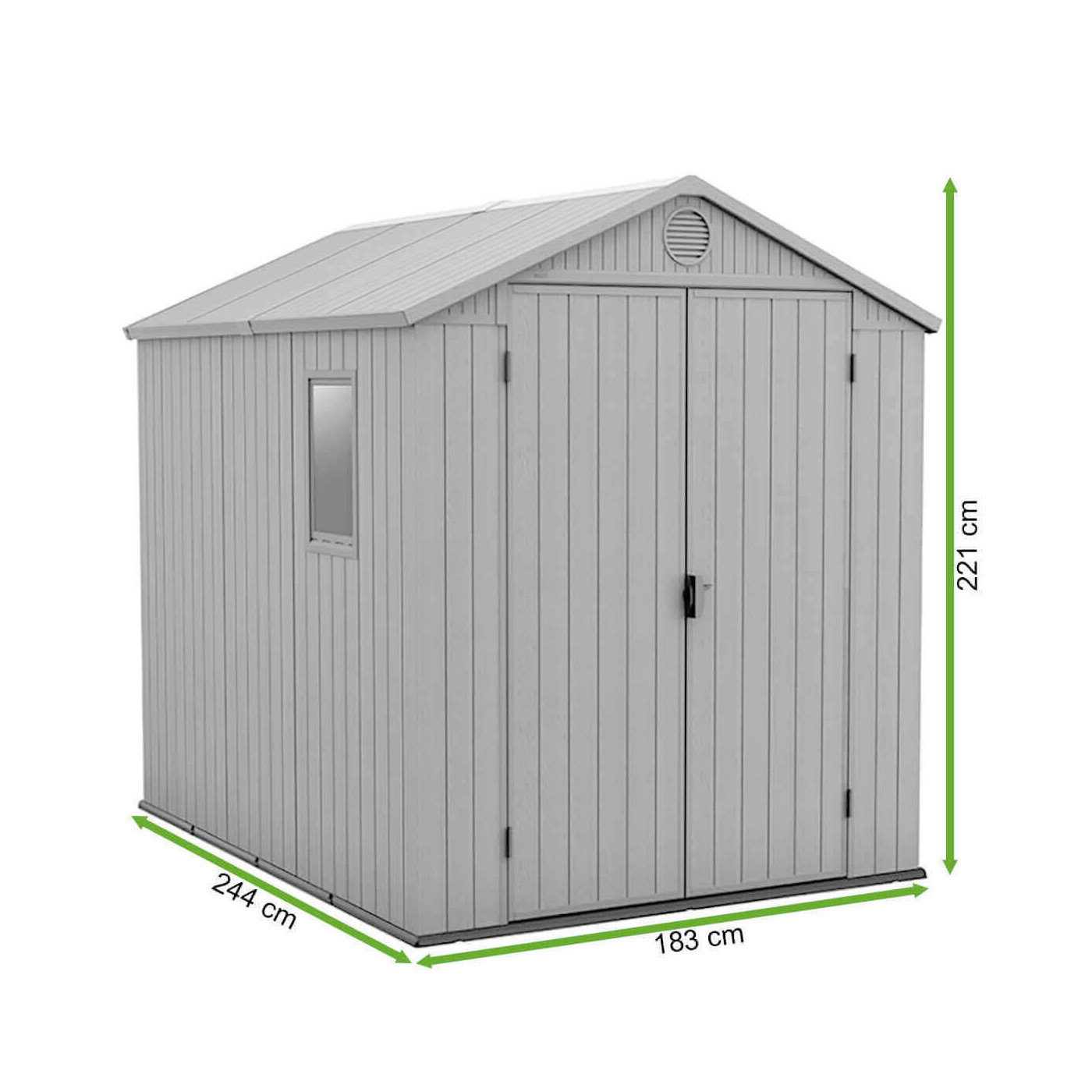 Rysunek z wymiarami narzędziowni DARWIN 6x8 od firmy Keter