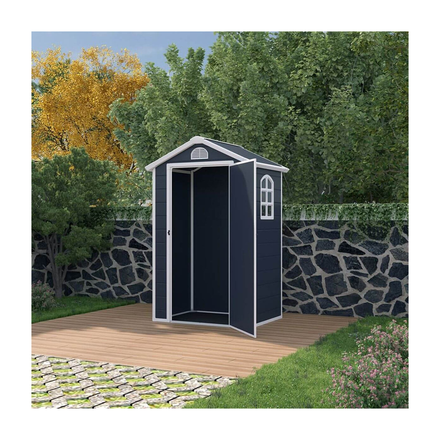 Domek narzędziowy Vermont 134x104cm w ogrodzie, na kostce brukowej, kamienny mur za domkiem