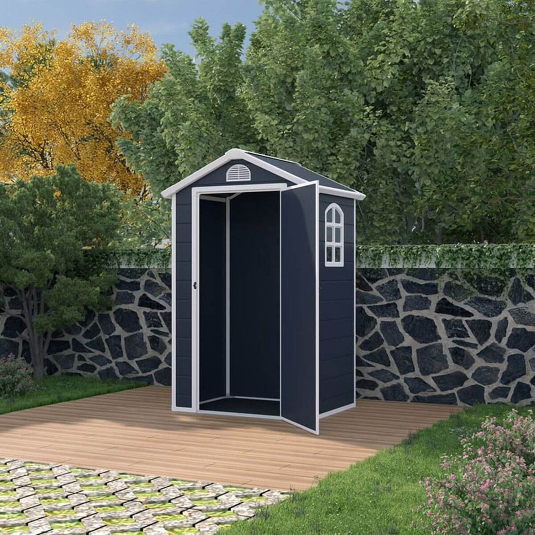 Domek narzędziowy Vermont 134x104cm w ogrodzie, na kostce brukowej, kamienny mur za domkiem