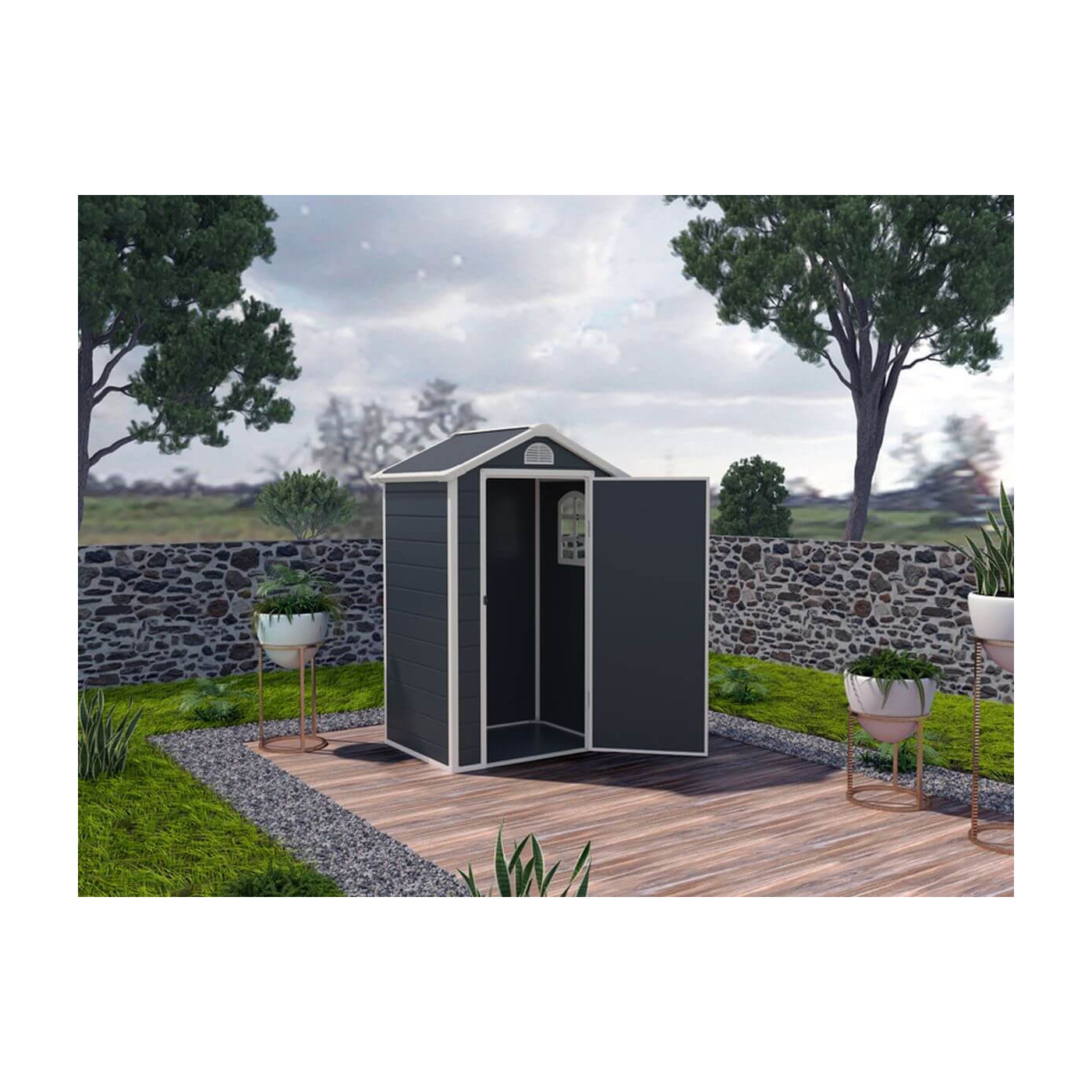 Aranżacja domku narzędziowego VERMONT w ogrodzie, otwarte drzwi, widok na wnętrze domku