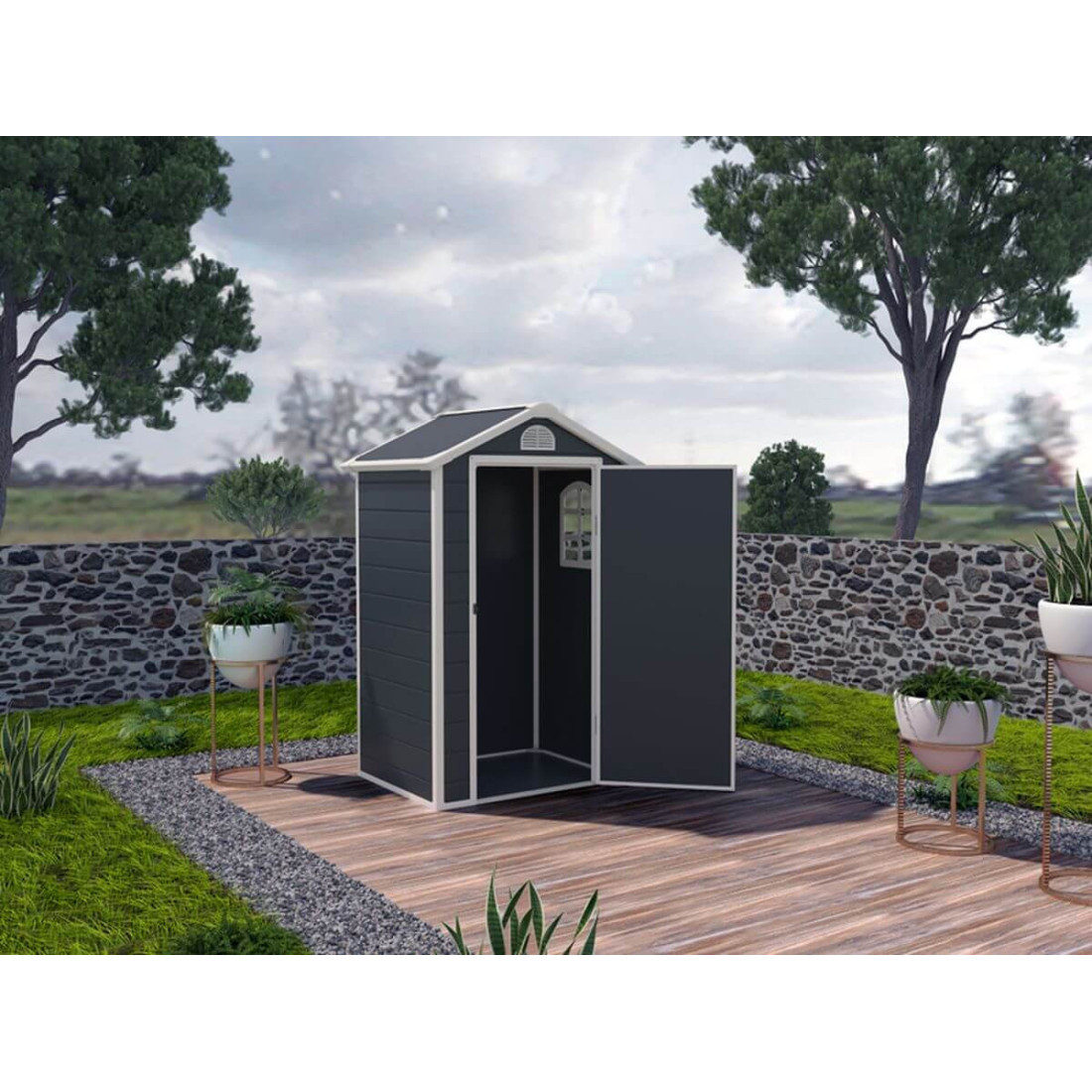 Aranżacja domku narzędziowego VERMONT w ogrodzie, otwarte drzwi, widok na wnętrze domku