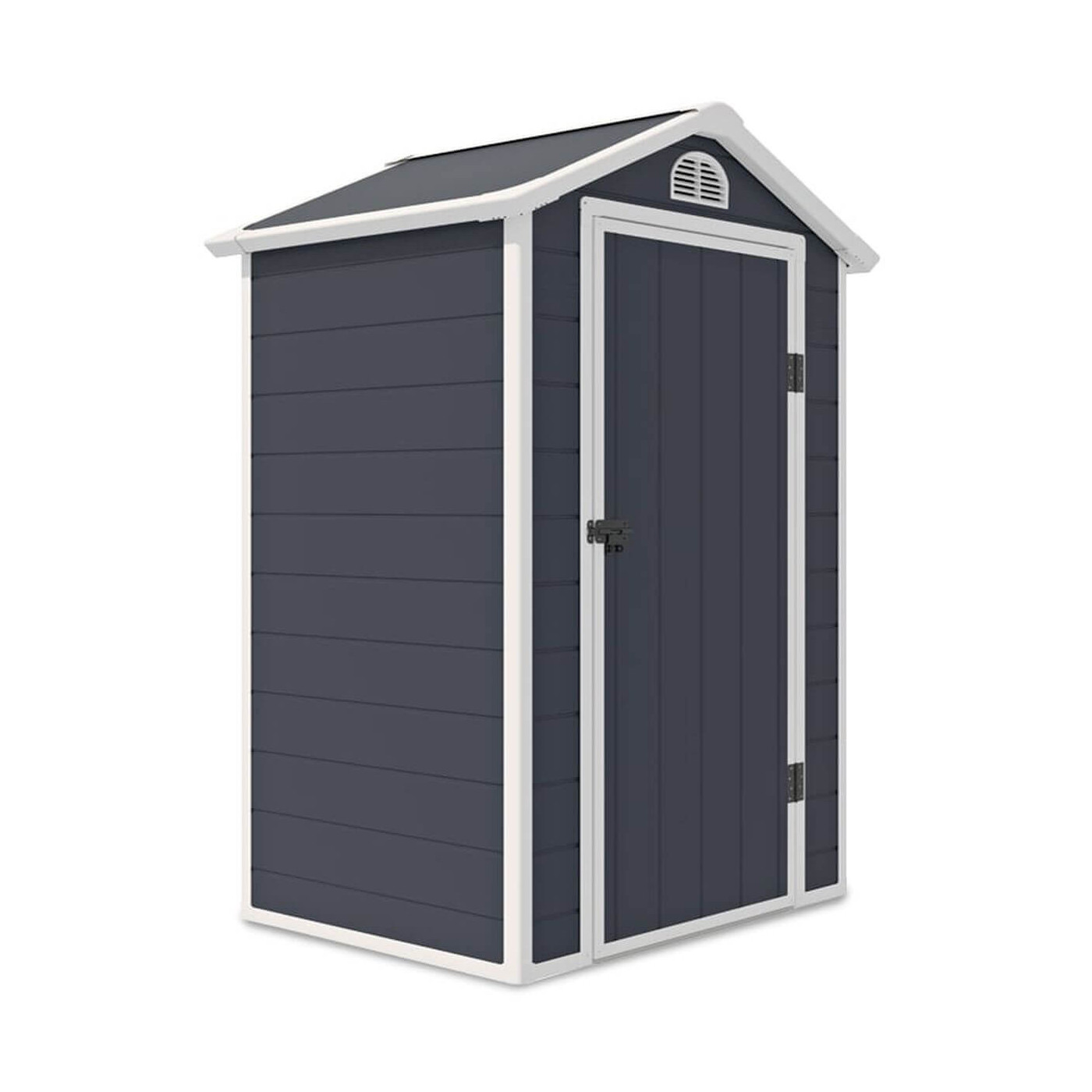 Przód domku ogrodowego Vermont w odcieniu Cold grey z białymi elementami, otwór wentylacyjny nad drzwiami domku