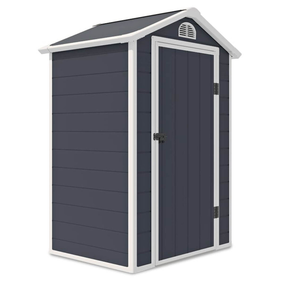 Przód domku ogrodowego Vermont w odcieniu Cold grey z białymi elementami, otwór wentylacyjny nad drzwiami domku