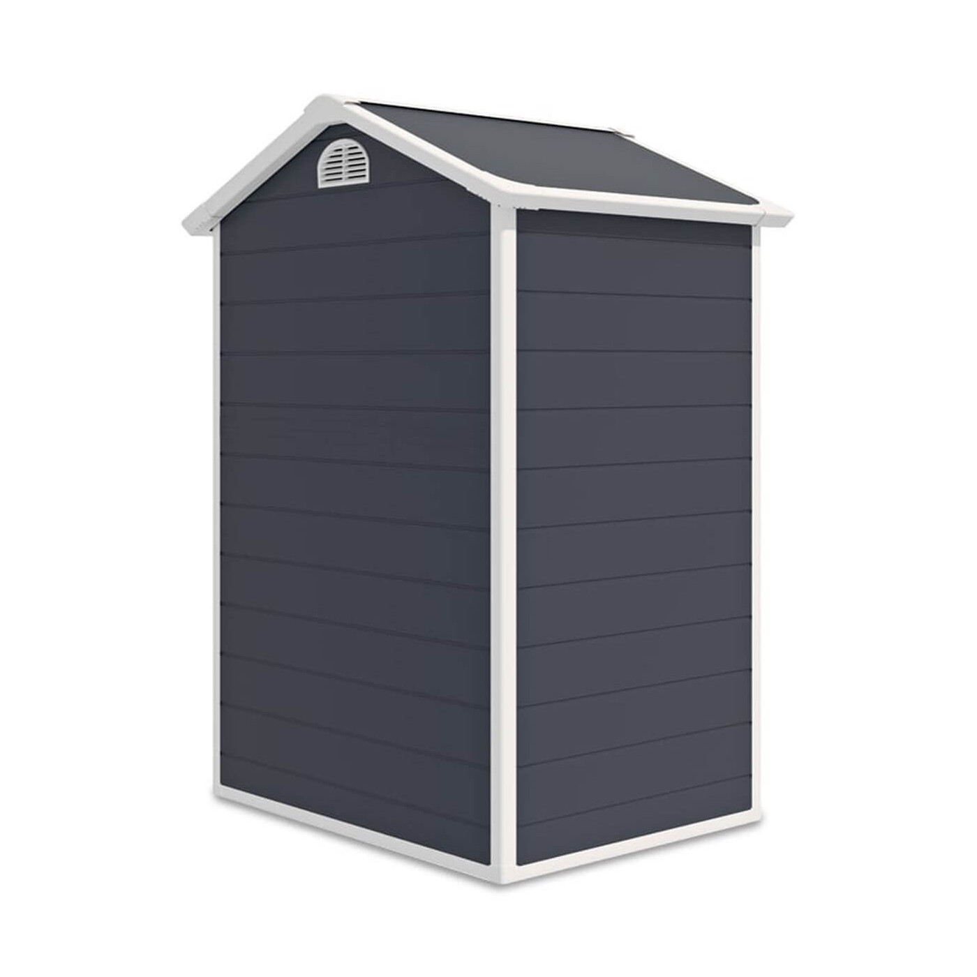 Tył domku ogrodowego na narzędzia Vermont, otwór wentylacyjny na tylnej ścianie domku, białe elementy domku