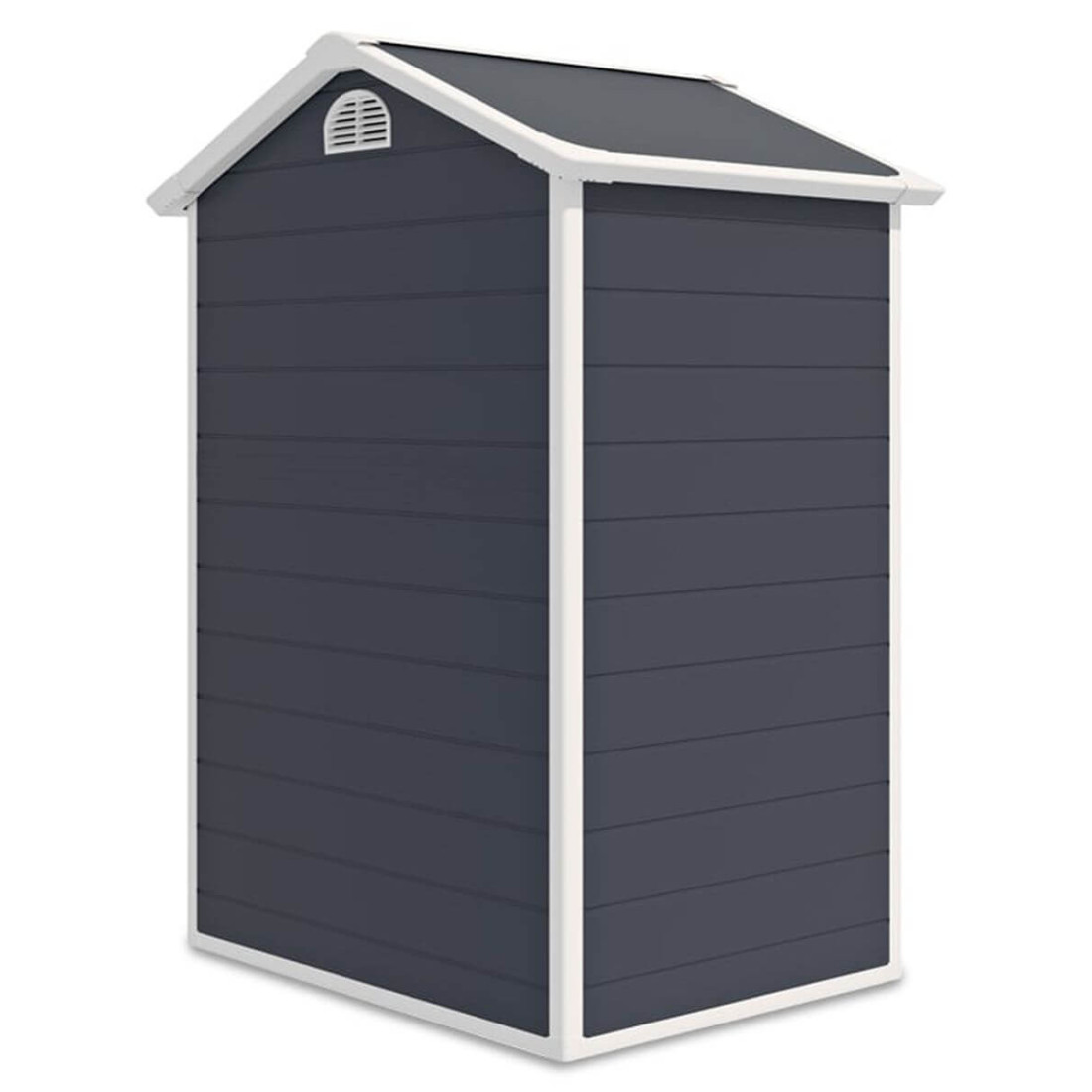 Tył domku ogrodowego na narzędzia Vermont, otwór wentylacyjny na tylnej ścianie domku, białe elementy domku