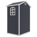 Tył domku narzędziowego Vermont - 134x104cm, okno na bocznej ścianie domku, otwór wentylacyjnej na tylnej ścianie domku