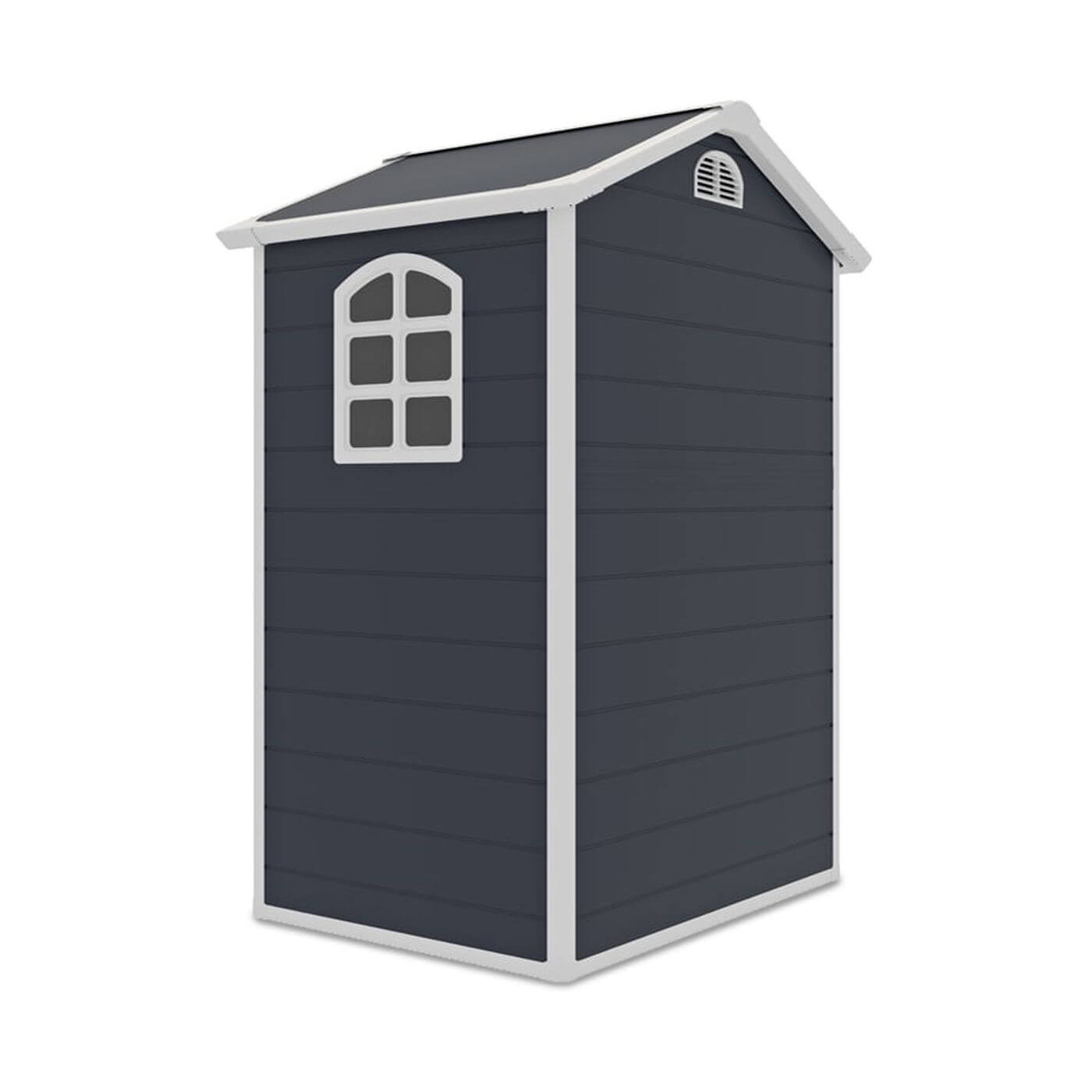 Tył domku narzędziowego Vermont - 134x104cm, okno na bocznej ścianie domku, otwór wentylacyjnej na tylnej ścianie domku