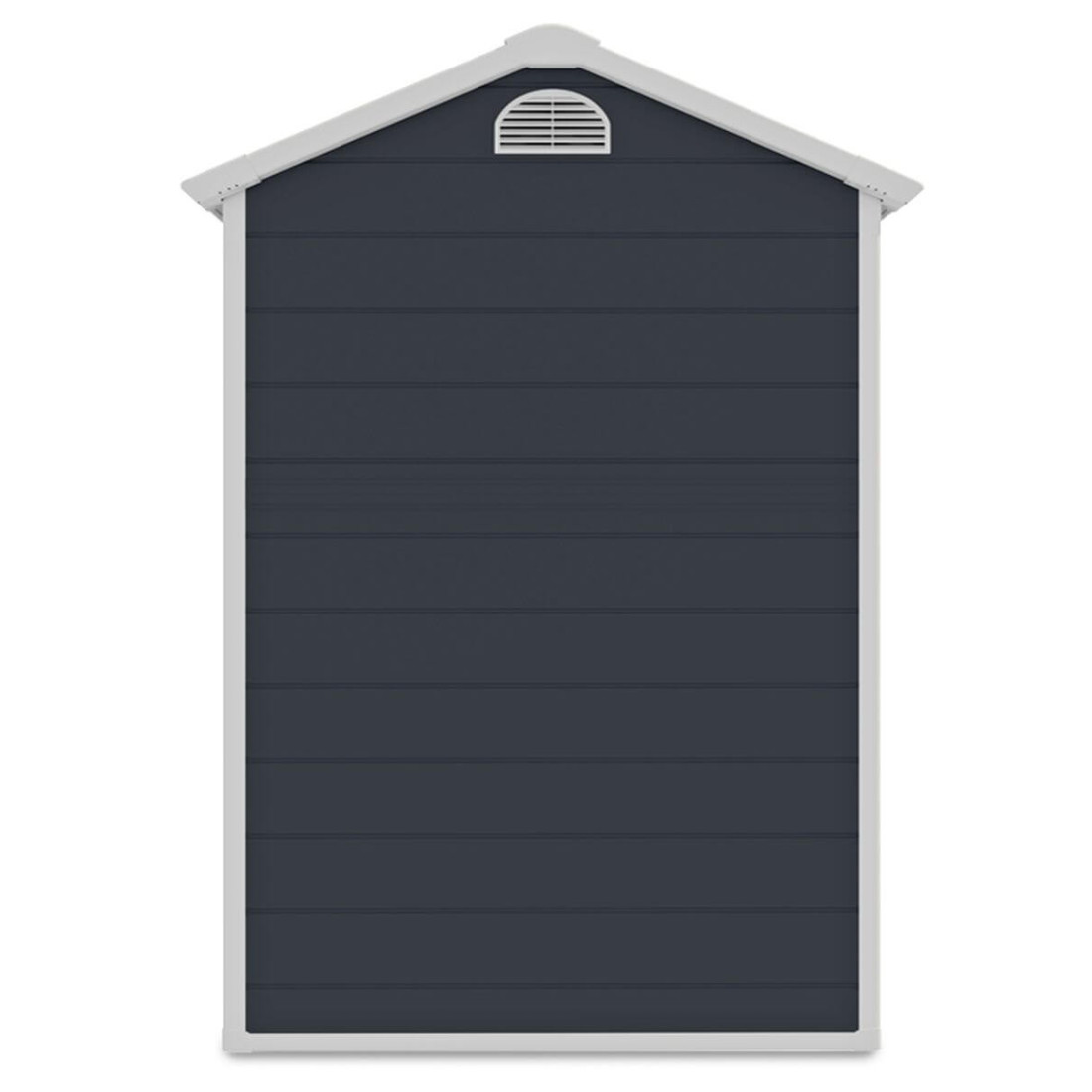 Widok na tylną ścianę domku narzędziowego Vermont w odcieniu Cold Grey z otworem wentylacyjnym