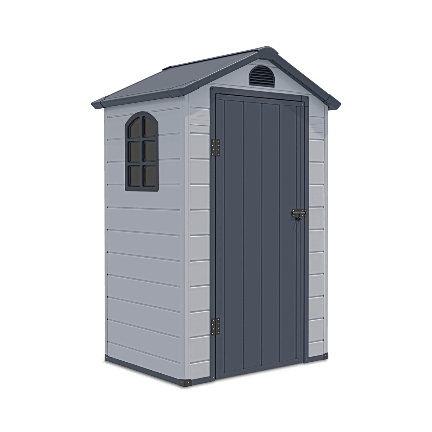 Widok na przód i boczną ścianę z oknem domku narzędziowego Vermont 134x104cm