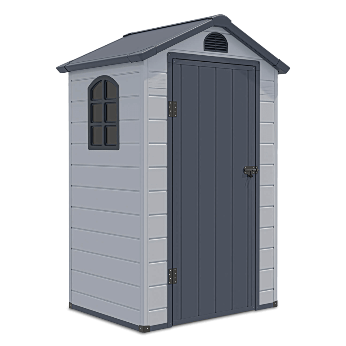 Widok na przód i boczną ścianę z oknem domku narzędziowego Vermont 134x104cm