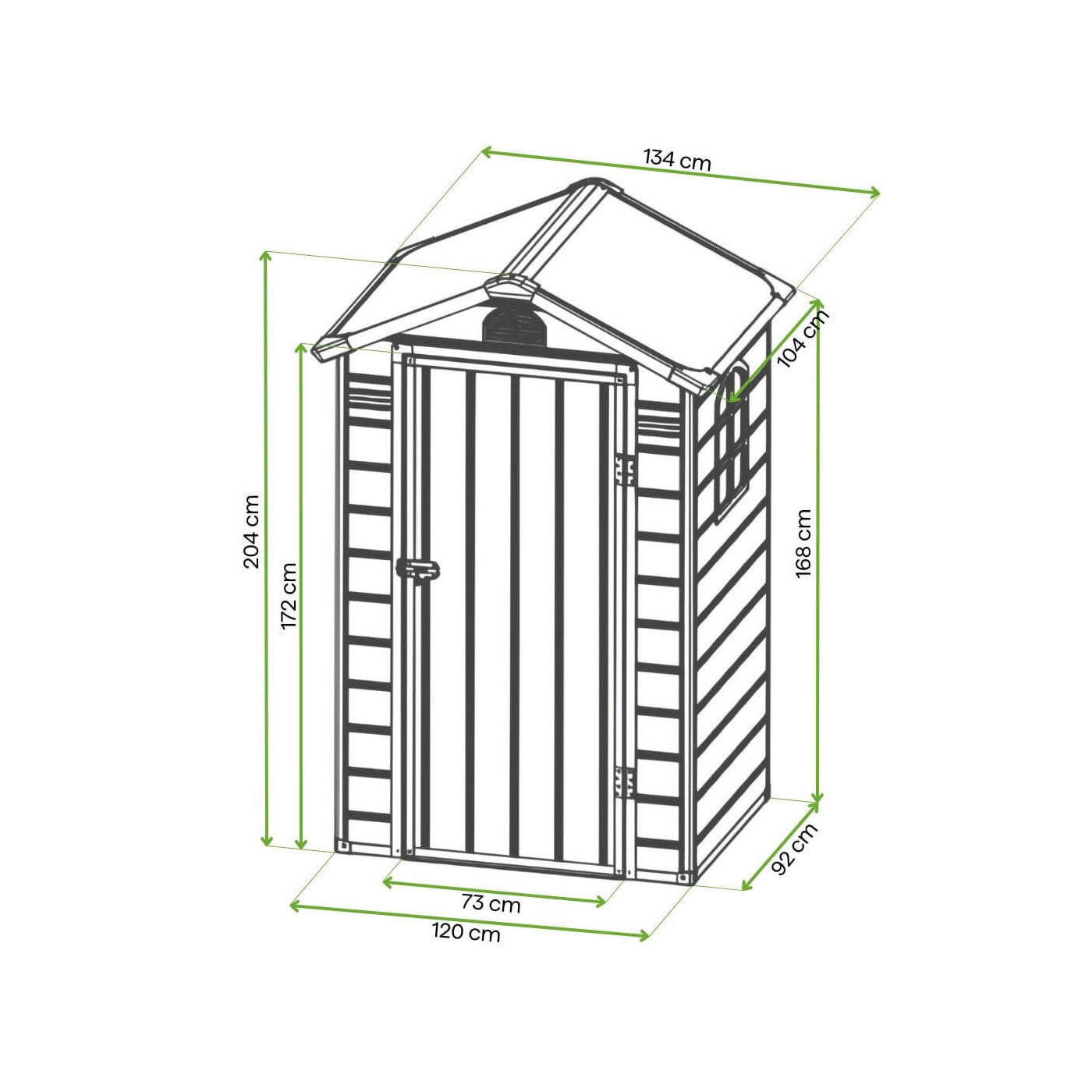 Rycina z wymiarami domku narzędziowego VERMONT 134x104cm