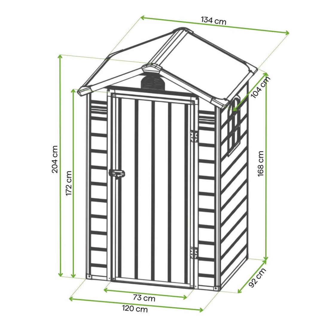 Rycina z wymiarami domku narzędziowego VERMONT 134x104cm