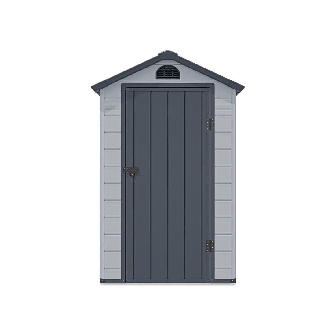 Widok na przednią ścianę z drzwiami i wentylacją domku na narzędzia Vermont 