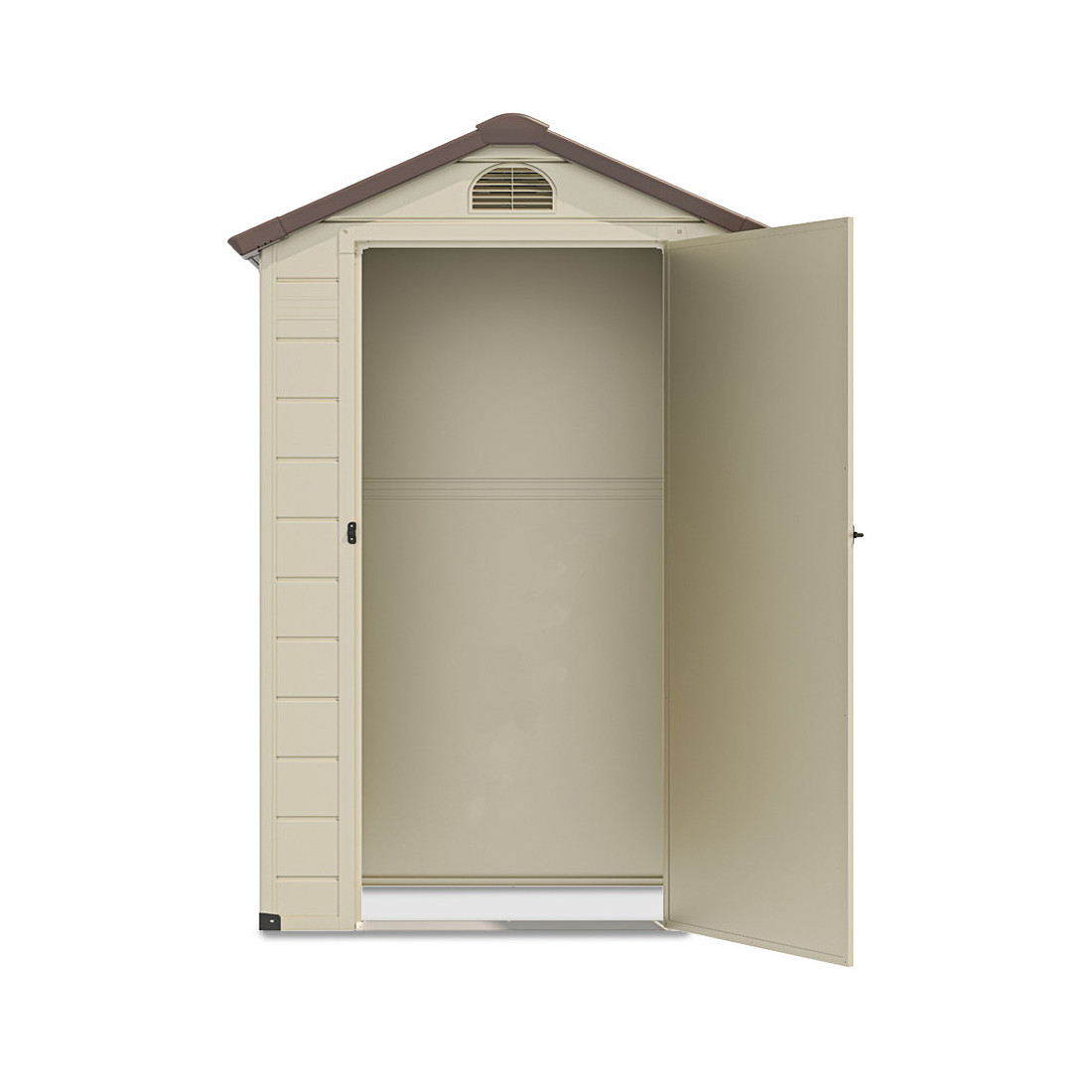 Widok na przednią ścianę z drzwiami i otworem wentylacyjnym domku na narzędzia VERMONT