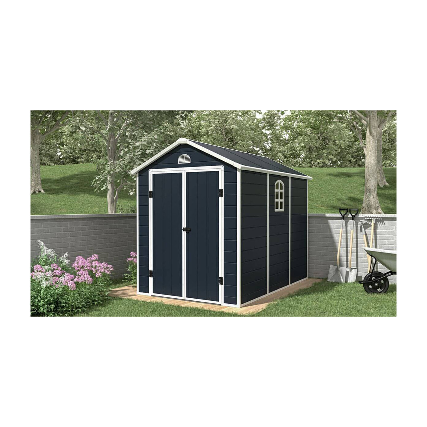 Domek gospodarczy Vermont - 190x280cm w odcieniu Cold Grey stojący w ogrodzie, wśród roślin i kwiatów