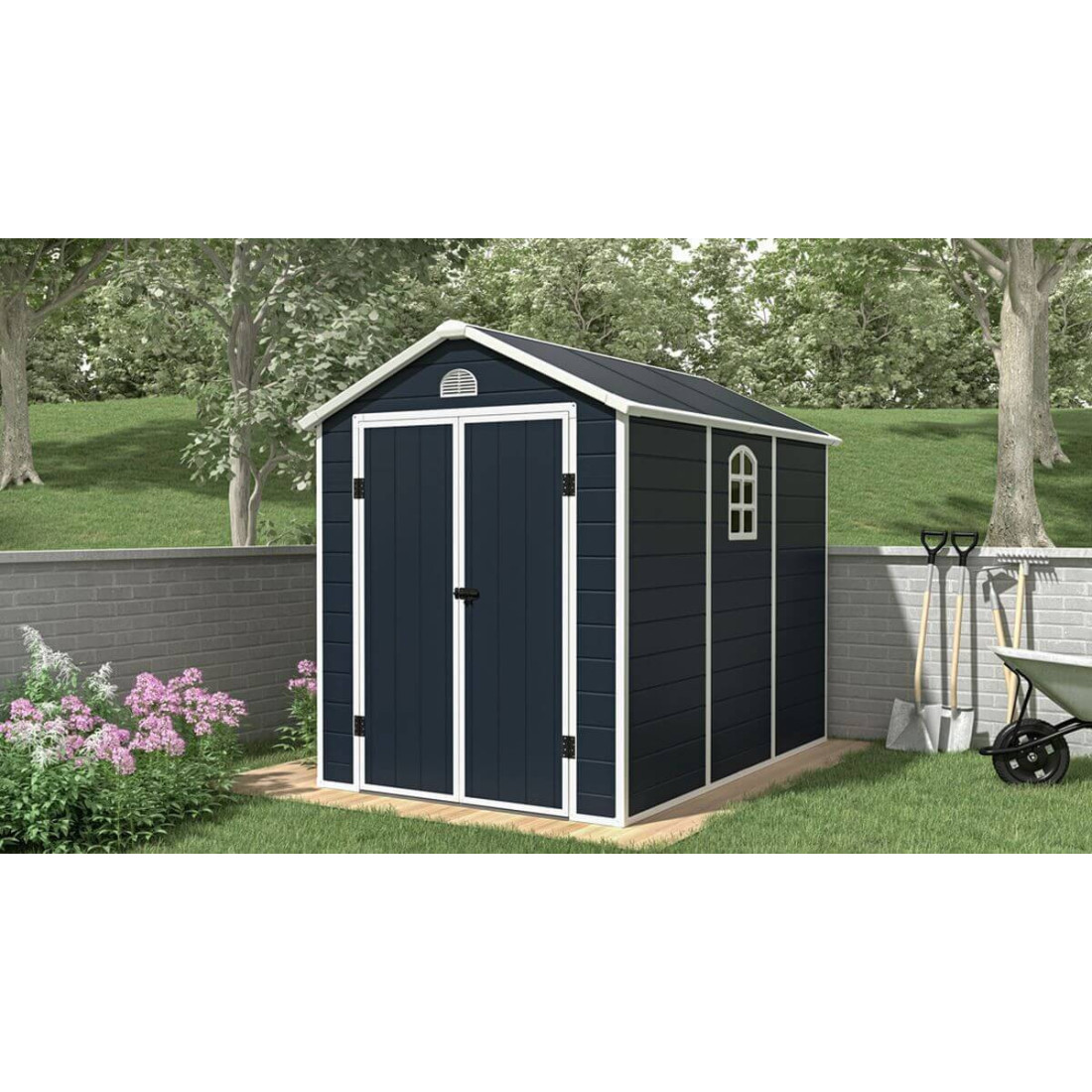 Domek gospodarczy Vermont - 190x280cm w odcieniu Cold Grey stojący w ogrodzie, wśród roślin i kwiatów