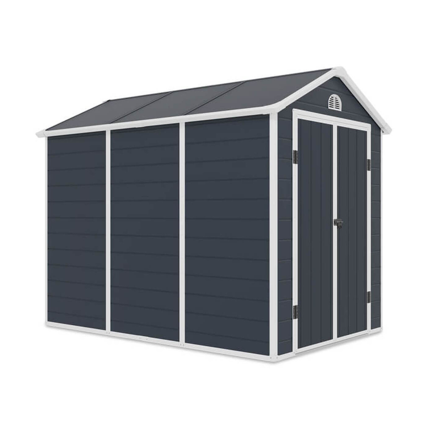 Widok na bok domku narzędziowego Vermont w odcieniu Cold Grey od Hardmaister, na białym tle 