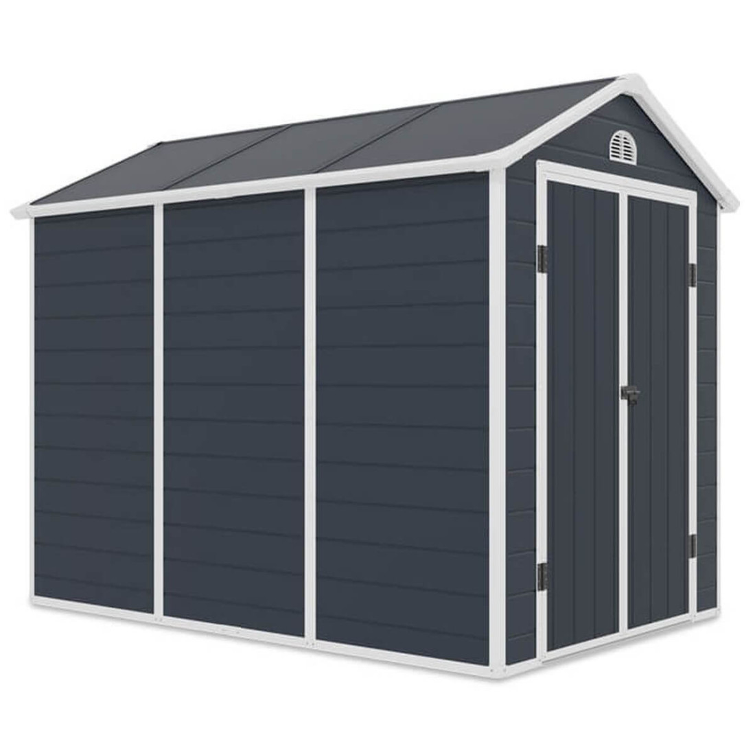 Widok na bok domku narzędziowego Vermont w odcieniu Cold Grey od Hardmaister, na białym tle 