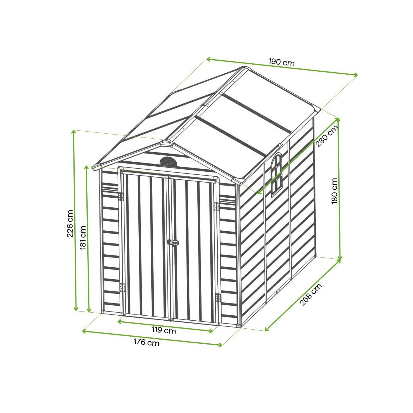 Wymiary domku ogrodowego na narzędzia Vermont 190x280cm od Hardmaister, rzut domku z wymiarami