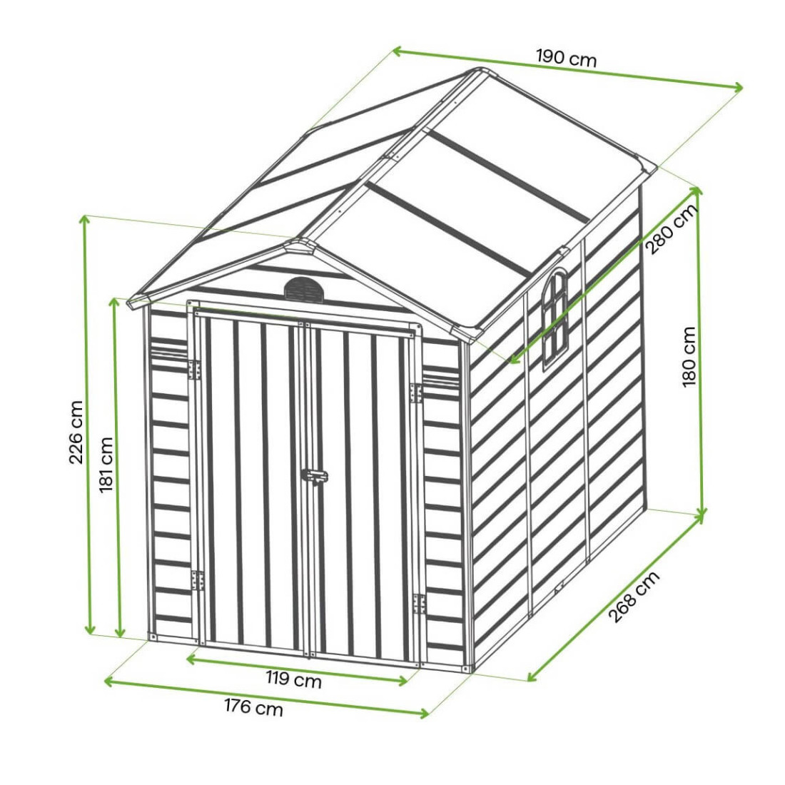 Wymiary domku ogrodowego na narzędzia Vermont 190x280cm od Hardmaister, rzut domku z wymiarami