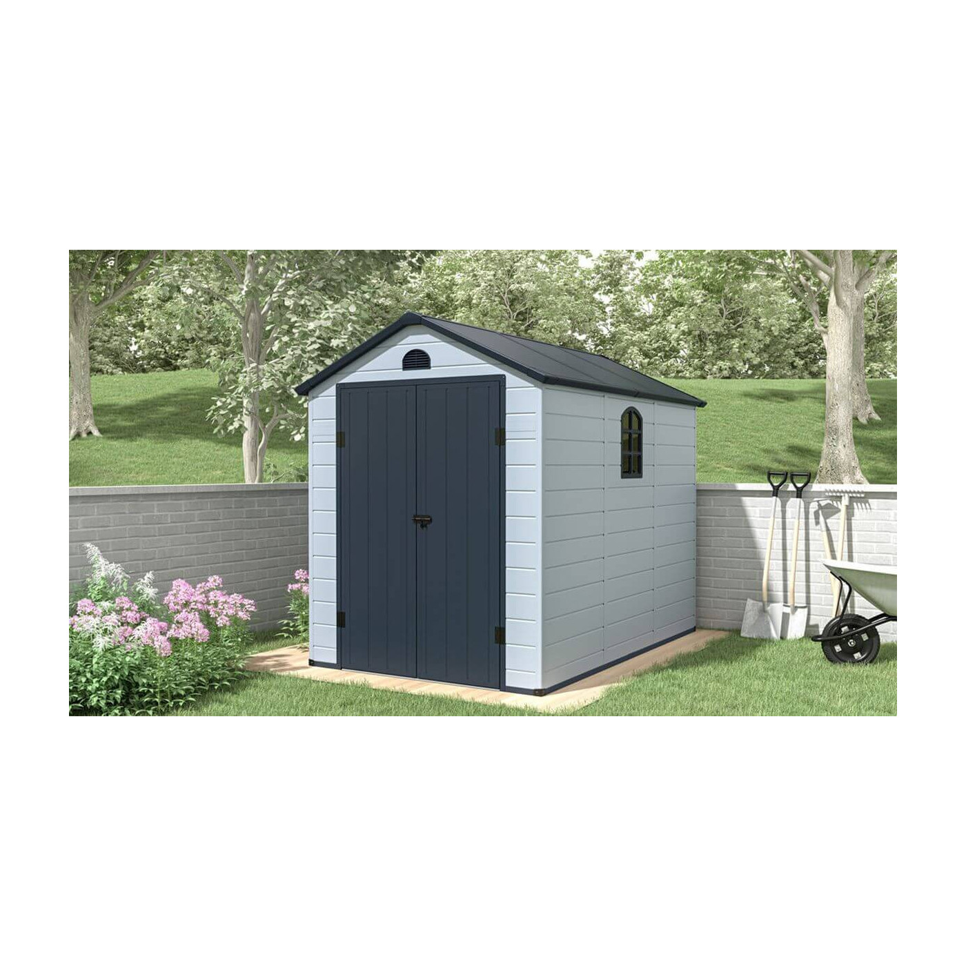 Domek narzędziowy Vermont - 190x280cm - Hardmaister, domek stojący w ogrodzie, obok domku stoją narzędzia ogrodowe