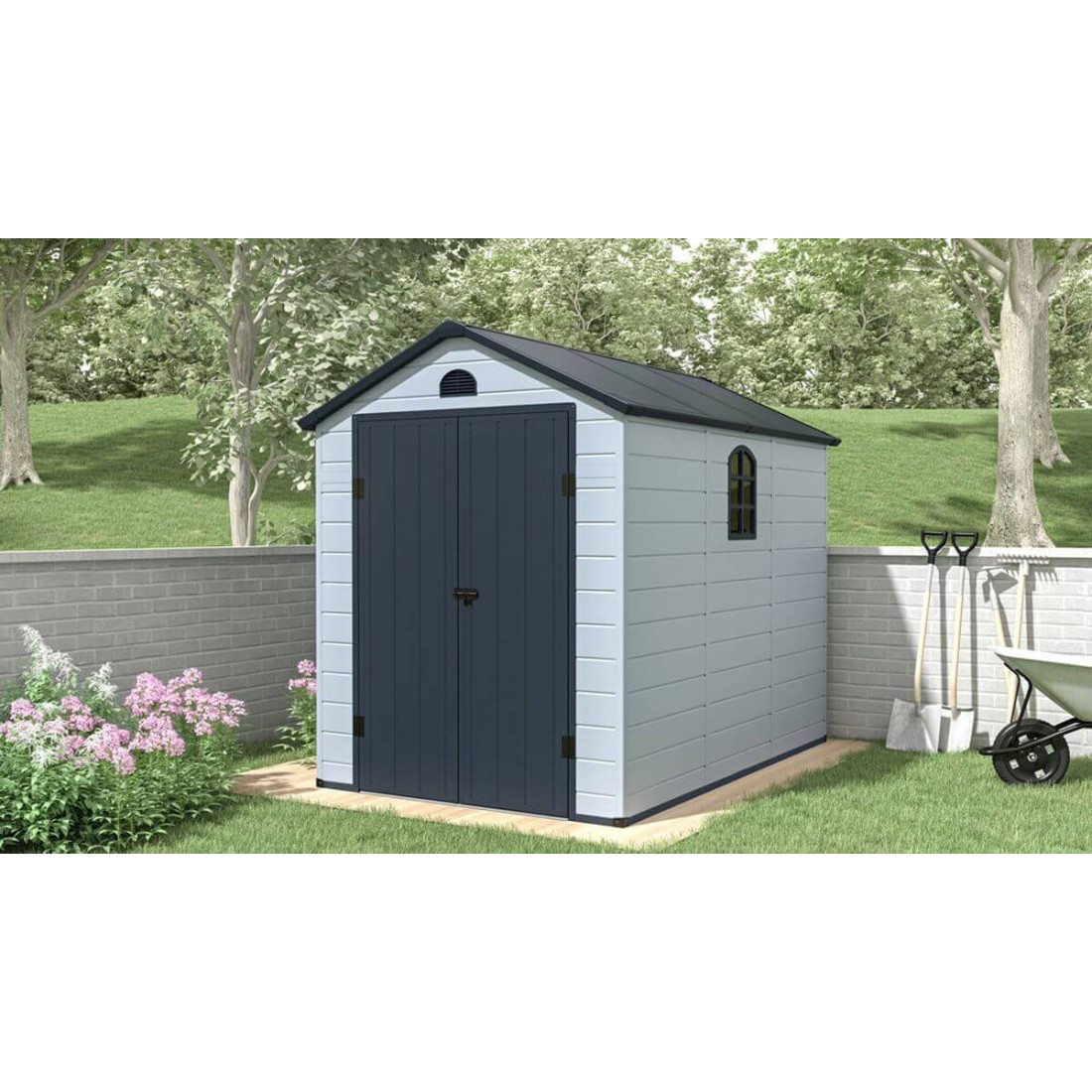 Domek narzędziowy Vermont - 190x280cm - Hardmaister, domek stojący w ogrodzie, obok domku stoją narzędzia ogrodowe