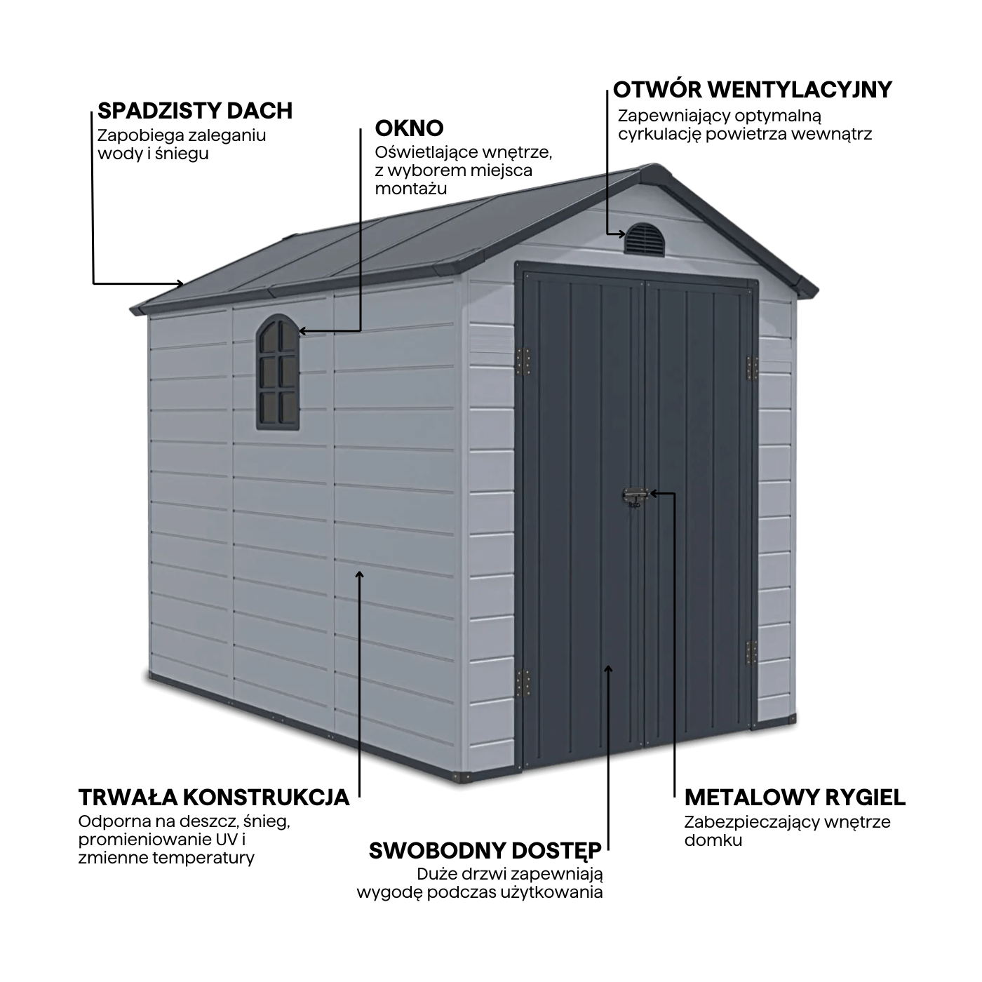Funkcjonalności domku narzędziowego, najważniejsze cechy Vermont 190x280cm Light Grey
