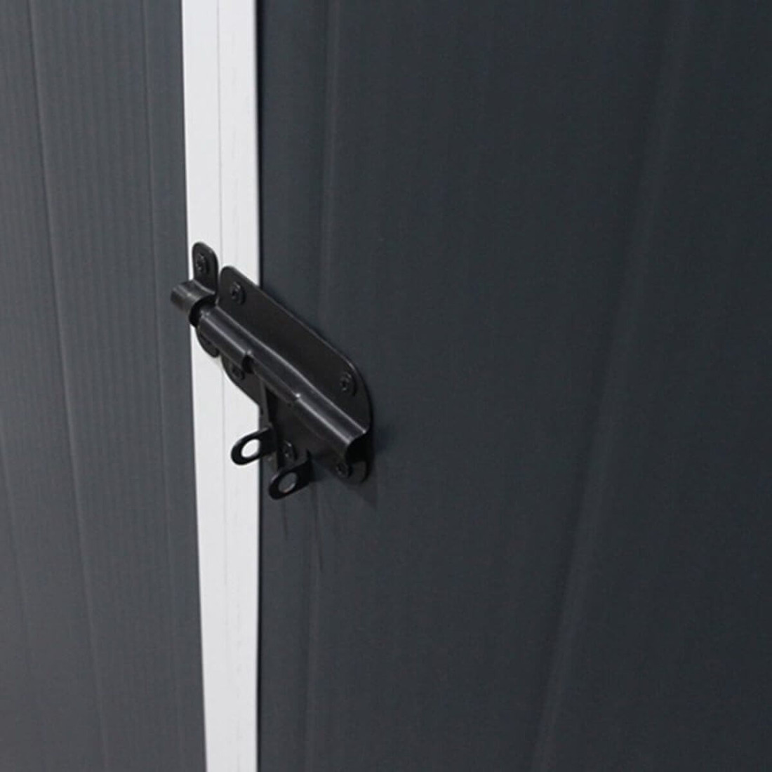 Czarny, metalowy zamek zabezpieczający drzwi domku ogrodowego na narzędzia Vermont 190x280cm, Hardmaister